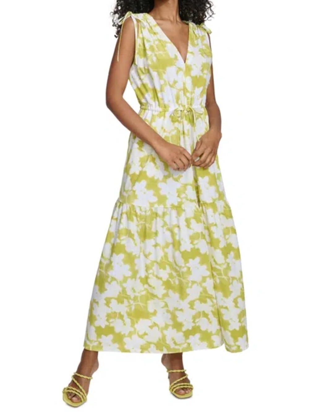 Calvin Klein V-neck Floral Sleeveless Tiered Maxi Dress In Celery White Size 10